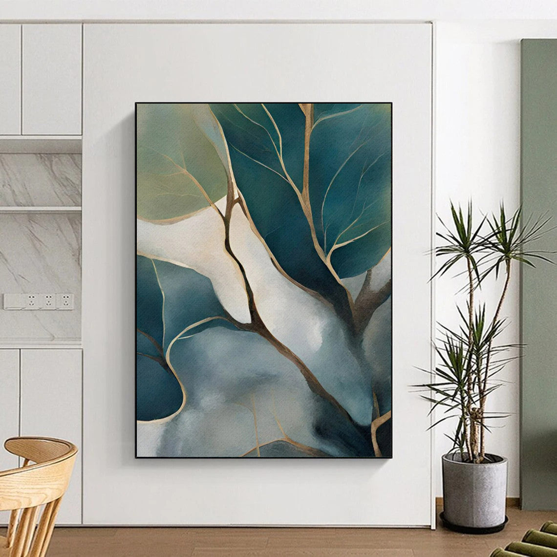 “Teal and Gold Leafy Branches” - Botanical Watercolor - Style Painting On Canvas PT2253