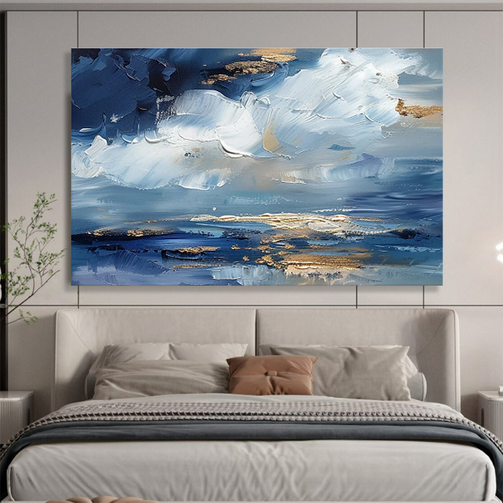 “Azure Sky & Gold Reflections” - Blue, White & Gold Abstract Landscape, Textured Sky Oil Painting On Canvas DKS684