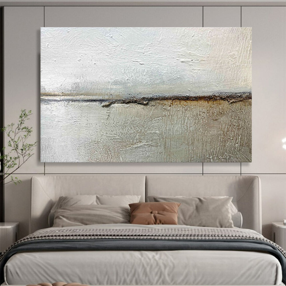 “Textured Neutral Divide” - Gray, Brown & White Abstract, Mixed - Media Painting On Canvas DKS754