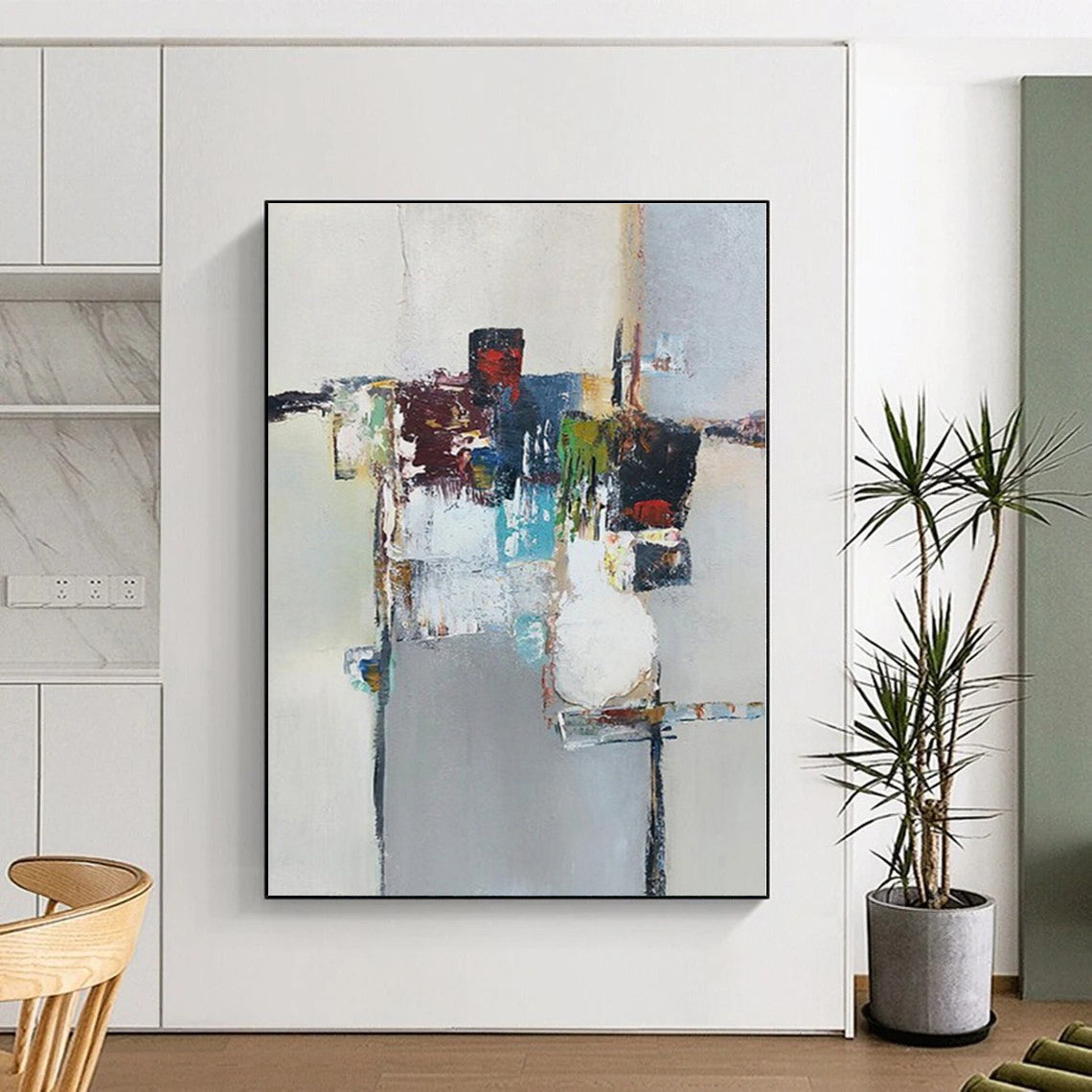 “Colorful Abstract Still Life” - Multicolor, Gray Abstract Still Life Painting On Canvas PS0588