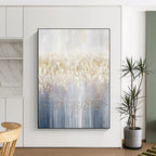 “Gold - White - Blue Abstract Forest” - Gold, White, Blue Abstract Landscape Painting On Canvas PS0592