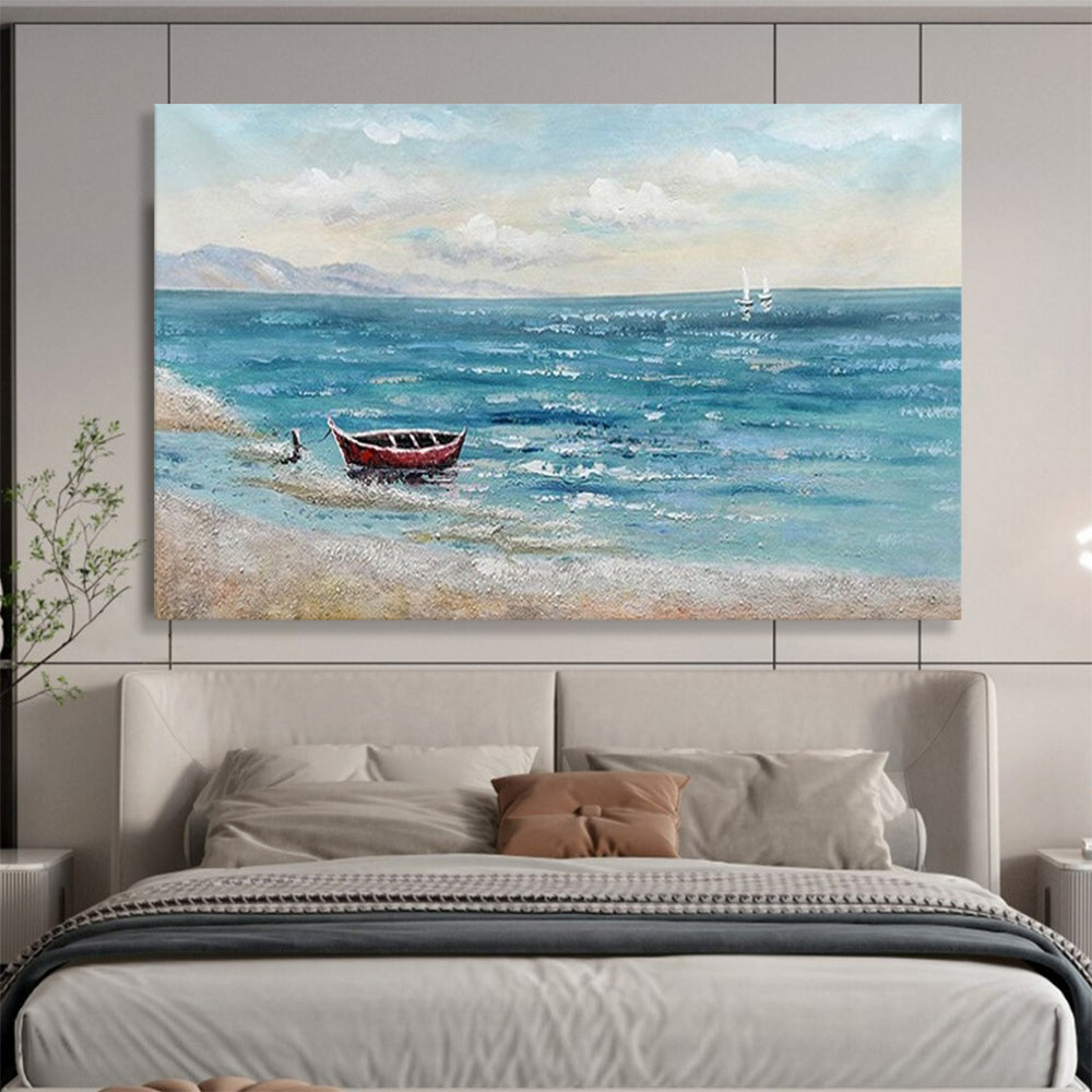 “Red Boat Coastal Calm” - Seaside Landscape Painting On Canvas PT224