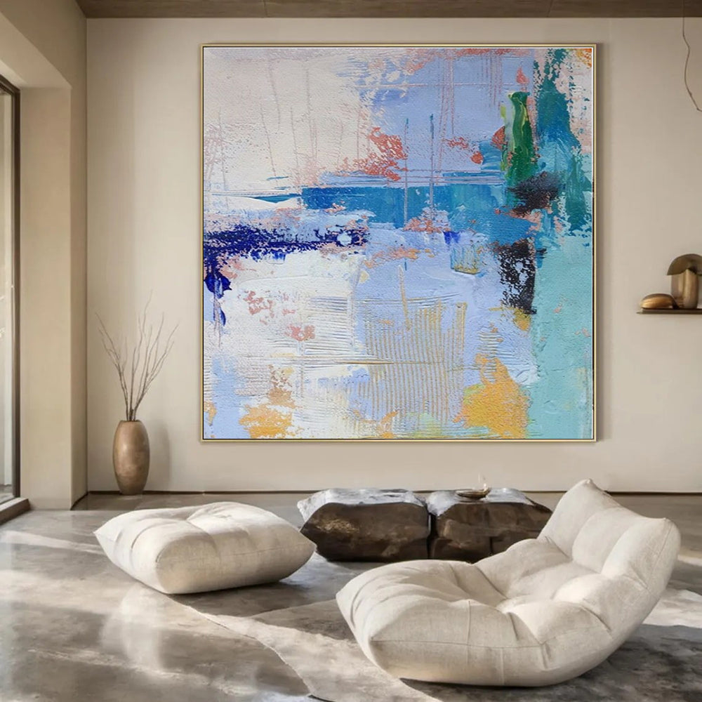 Blue, Green, Yellow, White with Playful Strokes "Seaside Crayon" Abstract Painting On Canvas PS1386