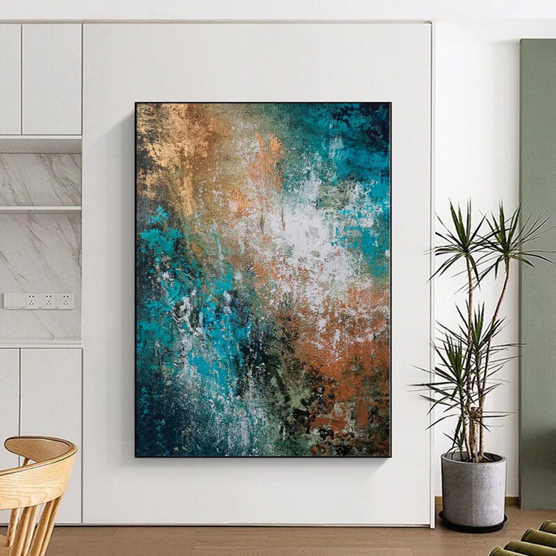 “Teal and Copper Abstract Fusion” - Abstract Impasto Painting On Canvas PS0019