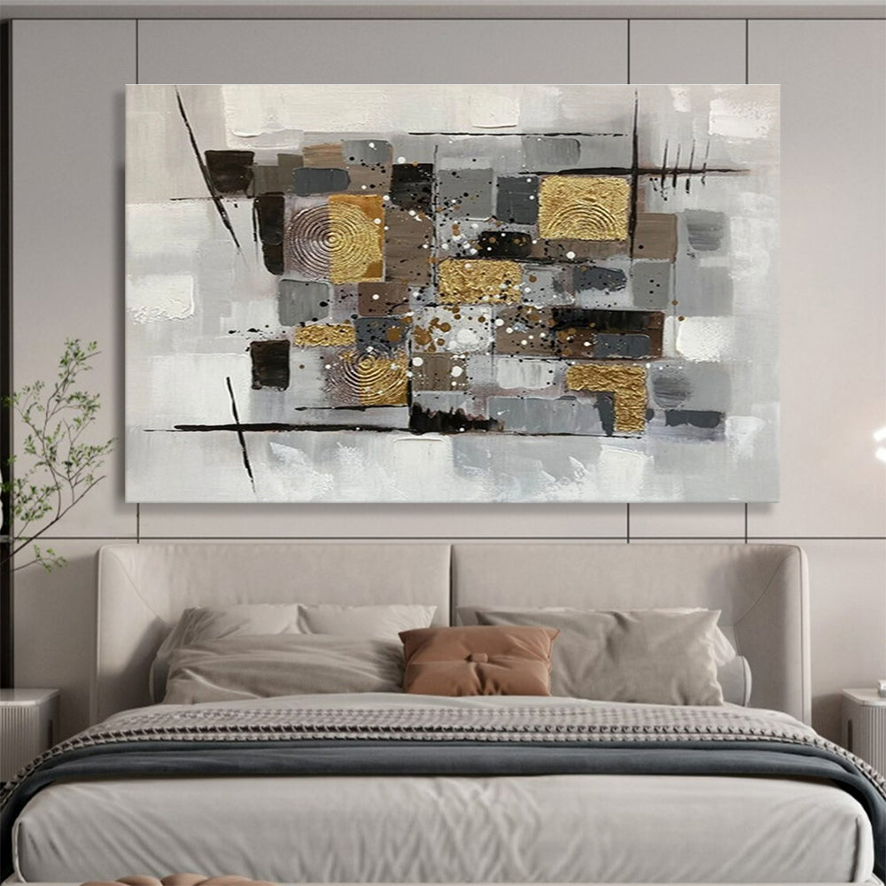 Gold - Accented Geometric Collage - Textured Abstract Painting On Canvas DKS353