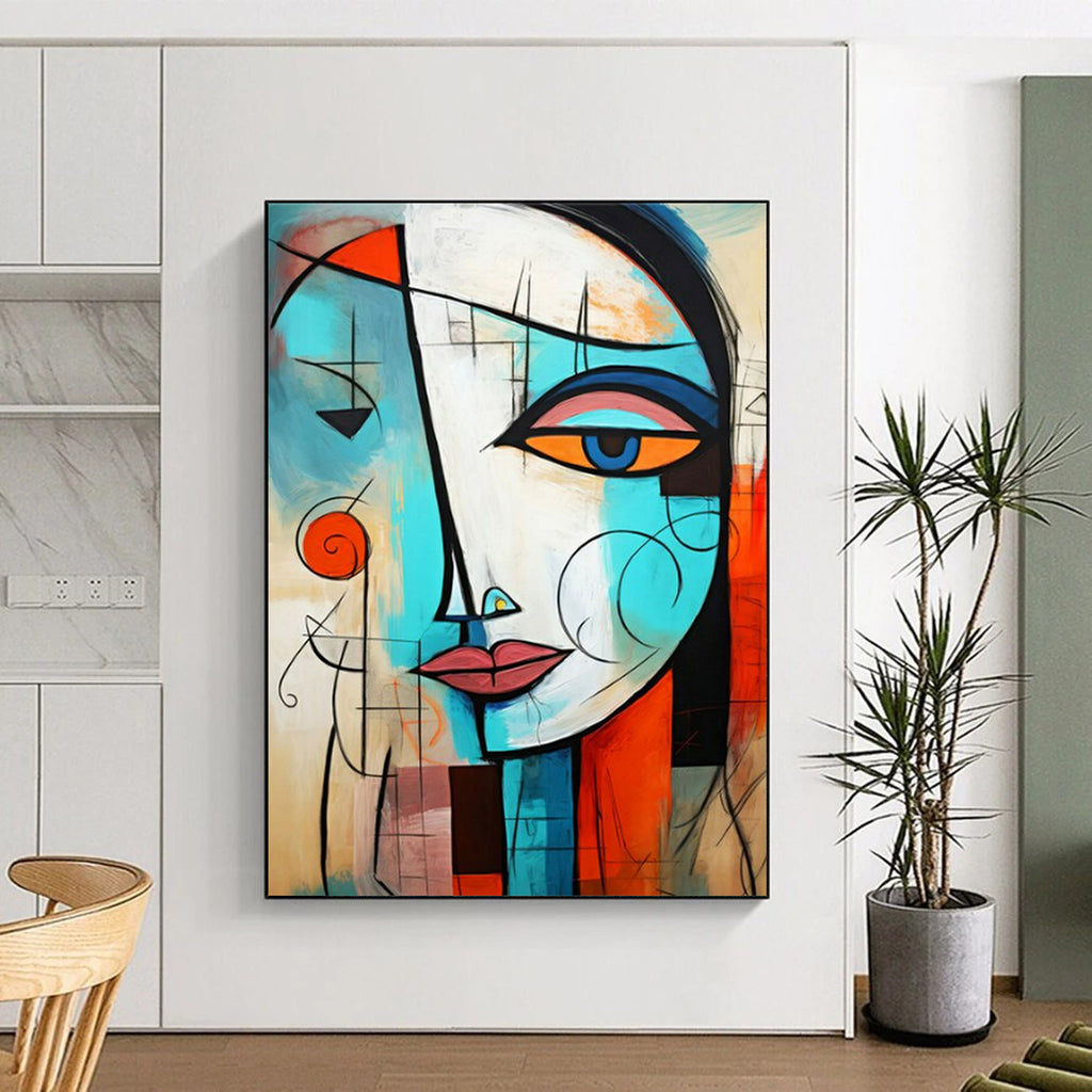 “Cubist Face in Blue and Orange” - Cubist Acrylic Painting On Canvas PT2213