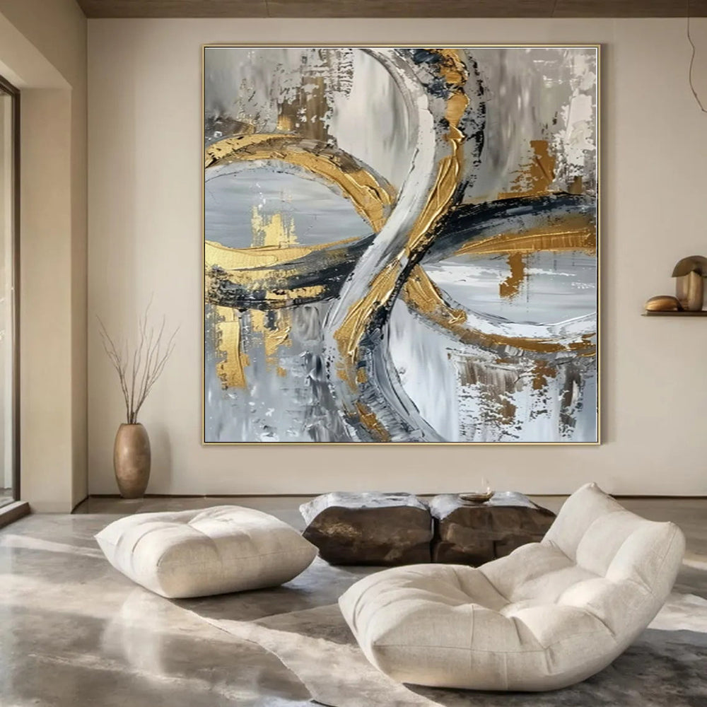 Gold and Gray Intertwined Rings - Textured Abstract Painting On Canvas PS1251