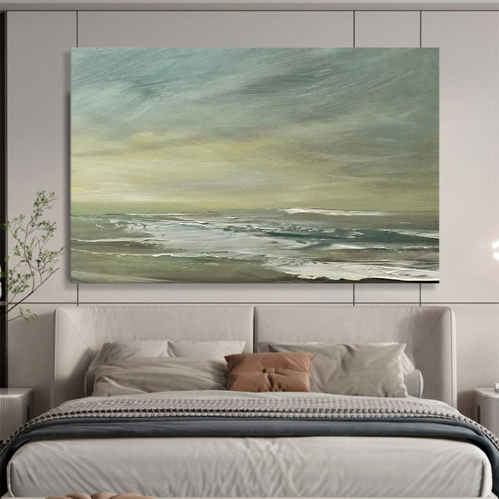 “Muted Coastal Landscape in Greens and Grays” - Subtle Seascape Oil Painting On Canvas PT027