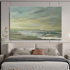 “Muted Coastal Landscape in Greens and Grays” - Subtle Seascape Oil Painting On Canvas PT027