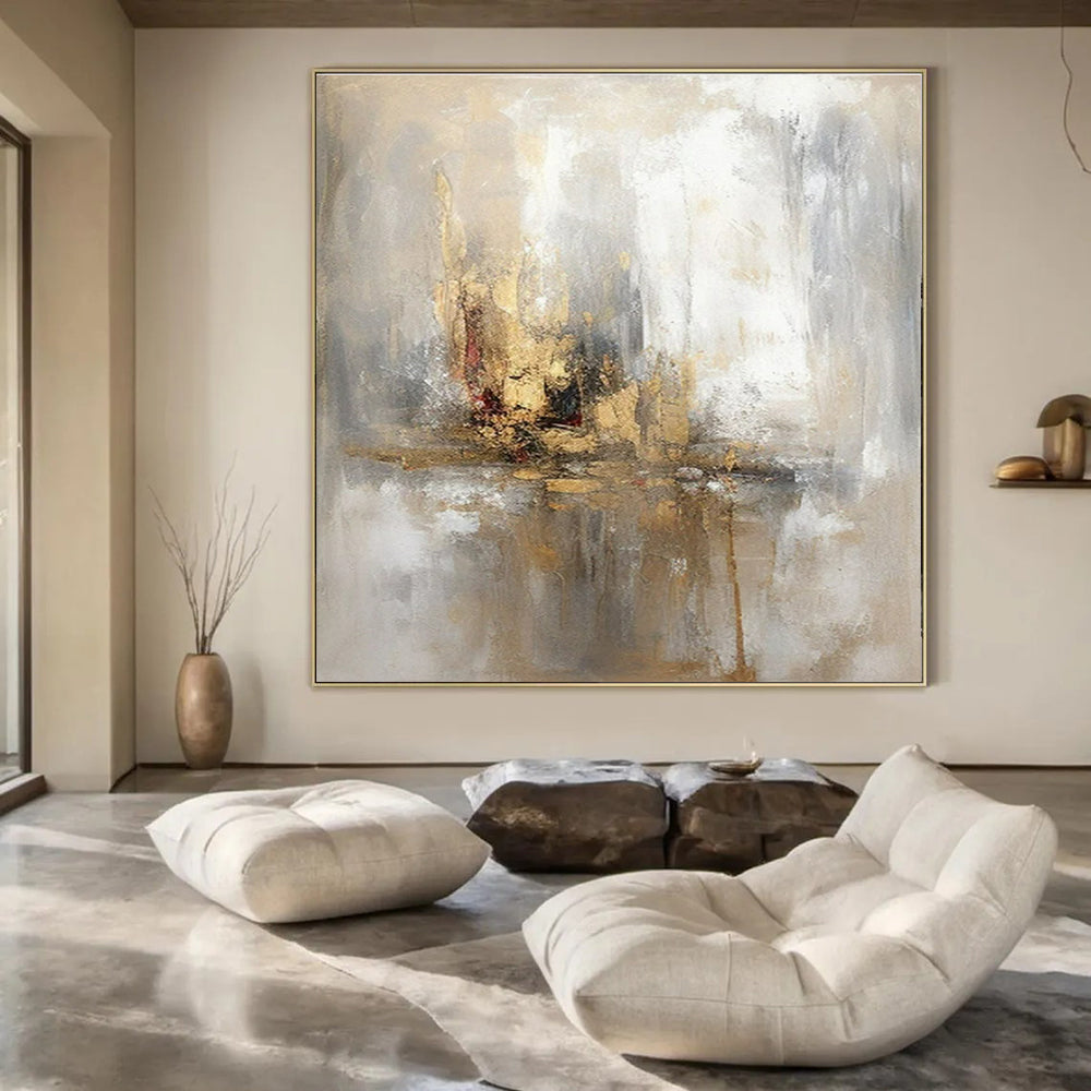 Gray, Gold, White with Muted Strokes "Elegant Haze" Abstract Painting On Canvas PS1463