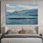 Blue Lake and Green Mountains with Figures Realistic Landscape Painting On Canvas DKS093