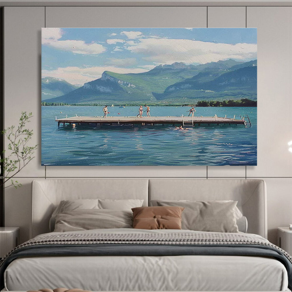 Blue Lake and Green Mountains with Figures Realistic Landscape Painting On Canvas DKS093