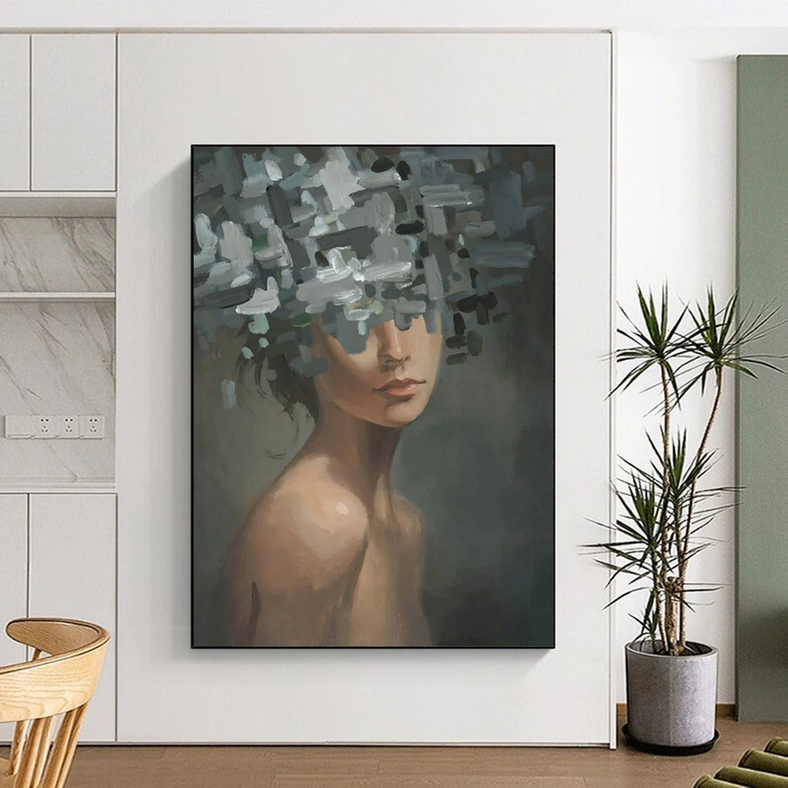 “Grey, Green, and White Fragmented Floral Head” - Abstract Figurative Painting On Canvas DS328