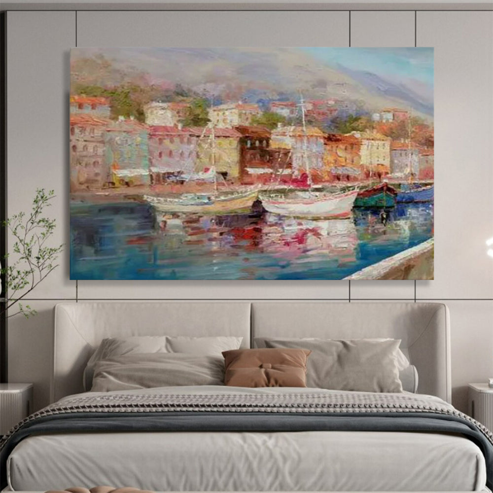 “Colorful Coastal Town with Boats” Impressionist Townscape Painting On Canvas PT1800