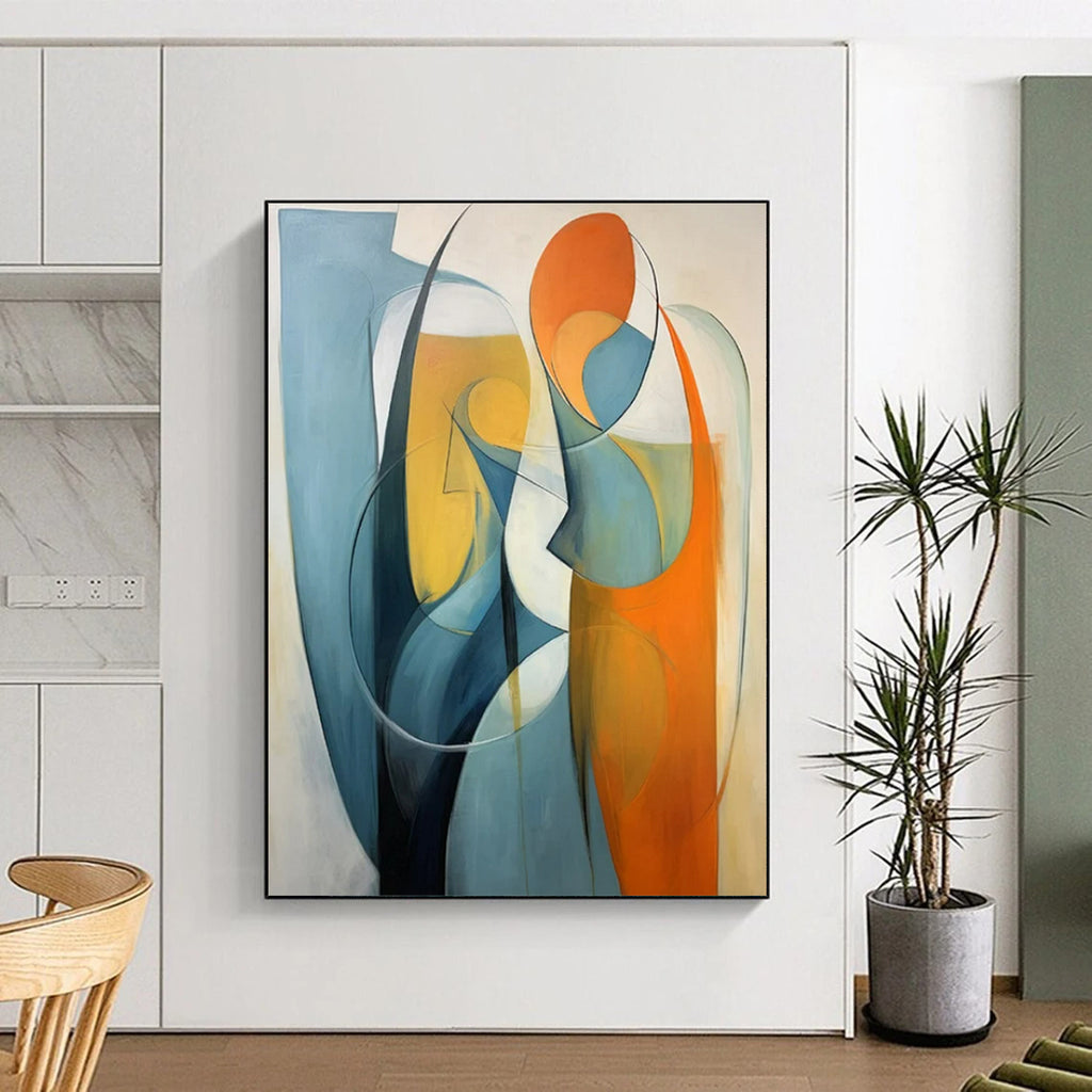 “Blue and Orange Abstract Figures” - Abstract Cubist Painting On Canvas PT2233