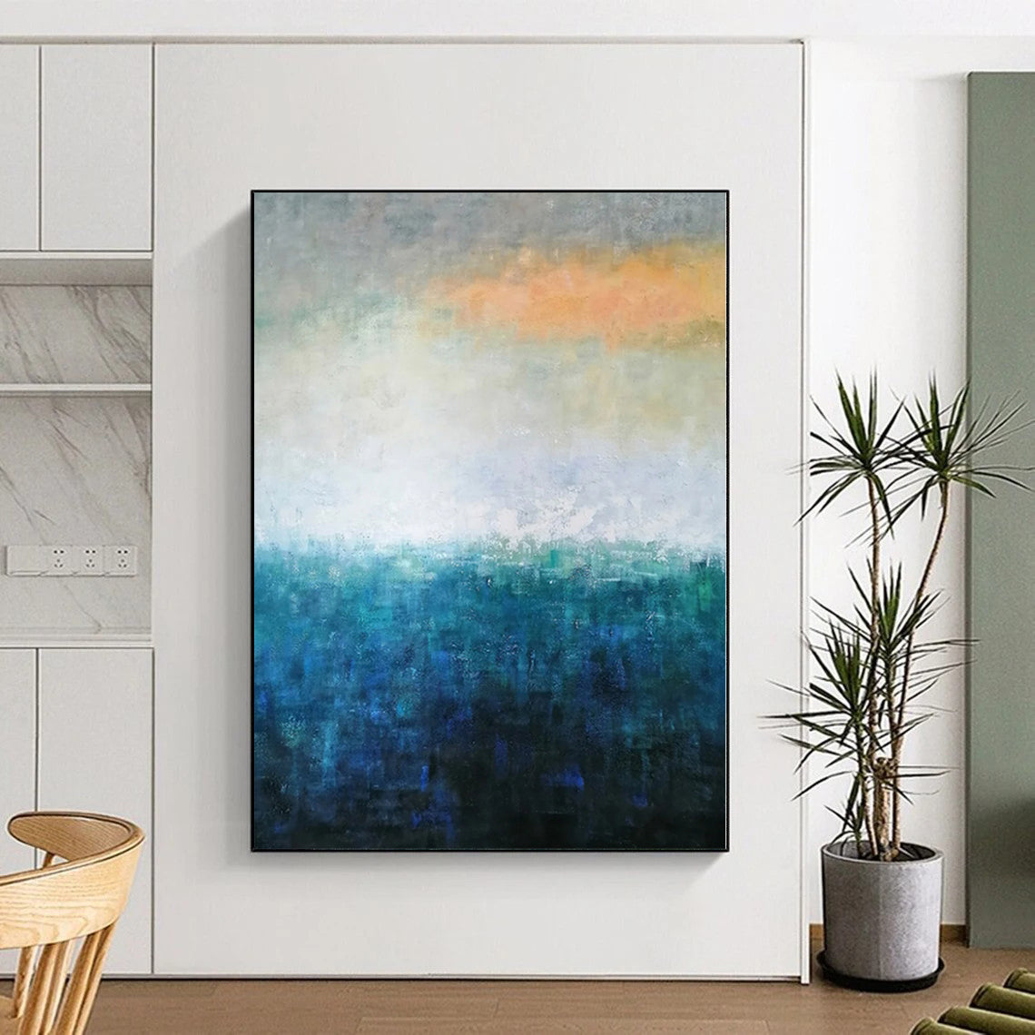 “Blue - Orange Abstract Coastal Horizon” - Serene Seascape Painting On Canvas PS0346