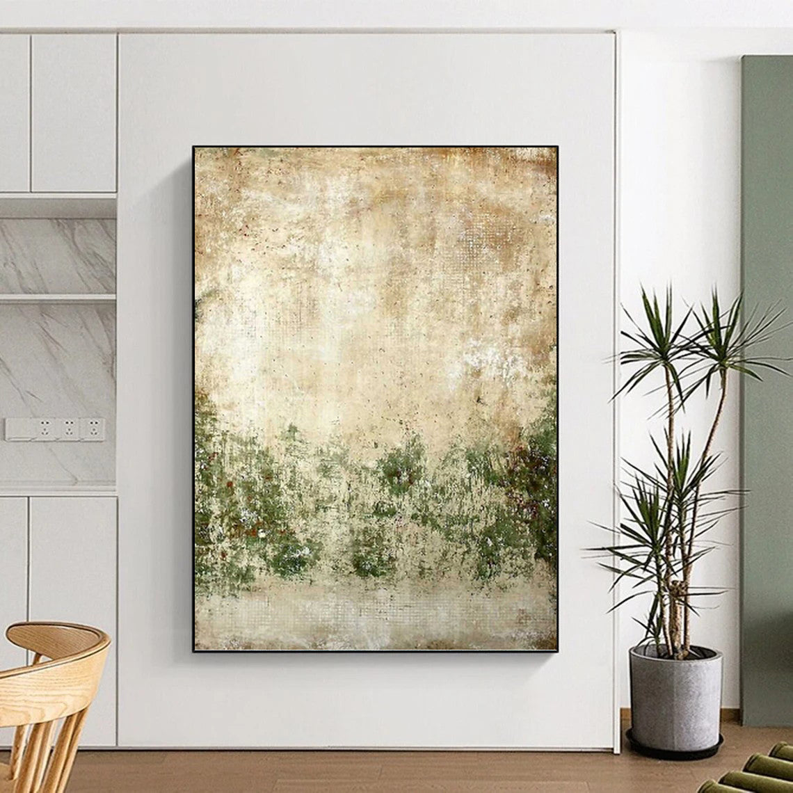 “Vintage - Inspired Earth Tones” - Beige, Green, Weathered Abstract Painting On Canvas PT1479
