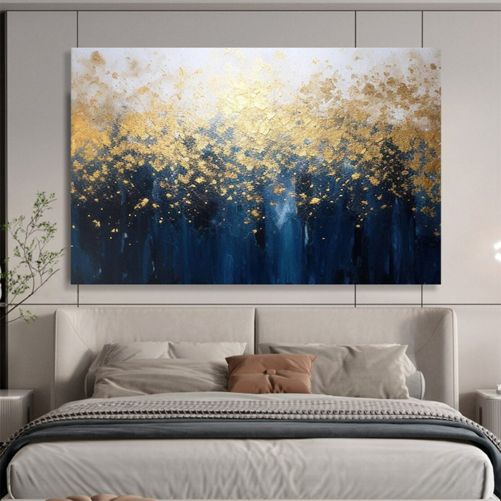 “Gold - Blue Abstract Forest” - Shimmering Gold “Midnight Grove” Painting On Canvas PT1639