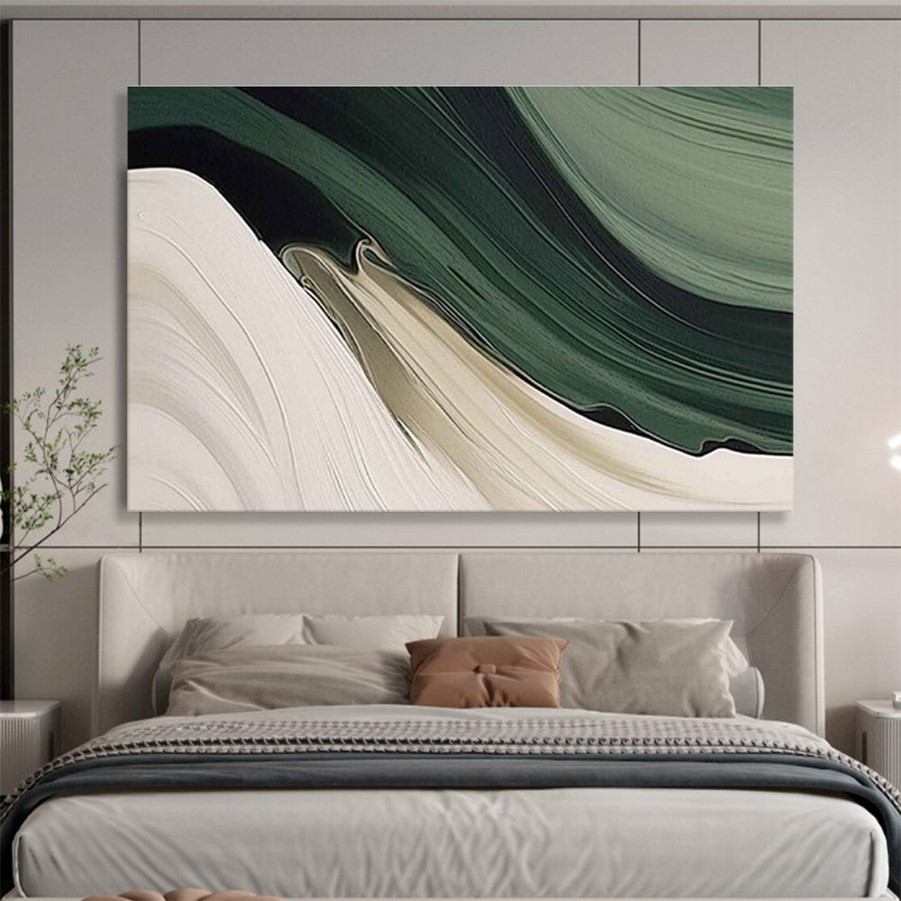 “Flowing Green - Beige Waves” - Green, Beige & White Abstract, Fluid Acrylic Painting On Canvas DKS753
