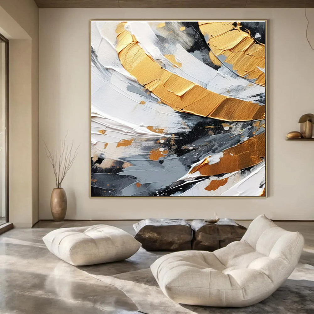 Gold and Gray Impasto Swirls - Textured Metallic Abstract Painting On Canvas PS1243