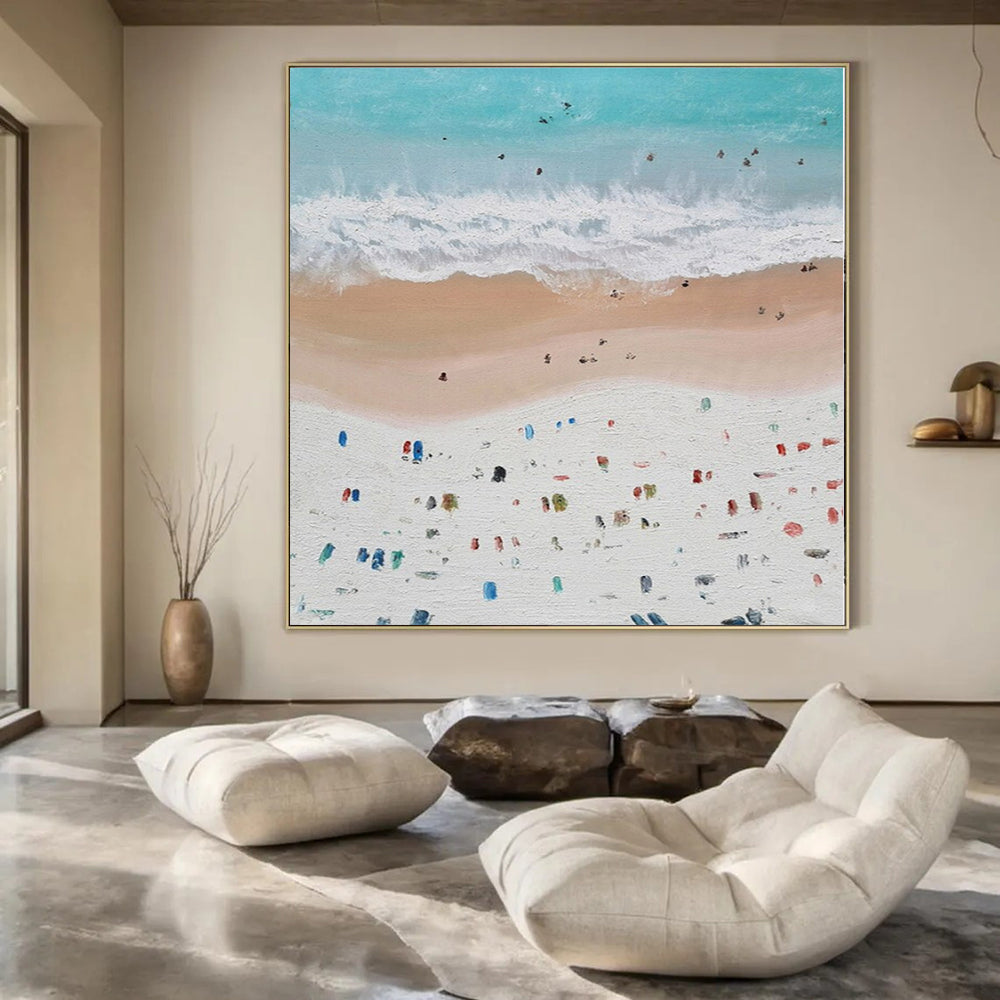 Blue, White, Beige and Colorful Dots "Beach Carnival" Impressionistic Abstract Painting On Canvas PS1131