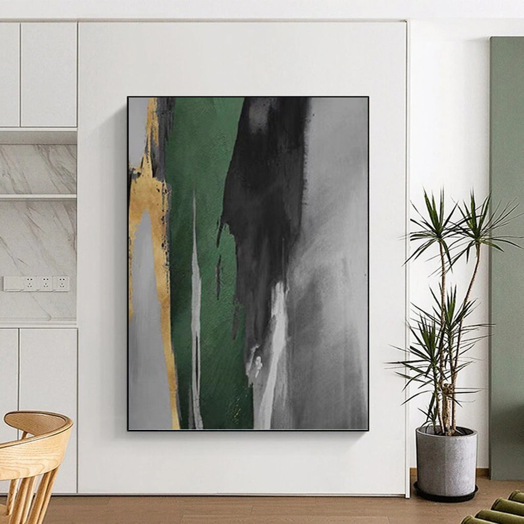 “Green, Black, Gold, and Grey: Abstract Vertical Forms” - Minimalist Abstract Painting On Canvas PT0932