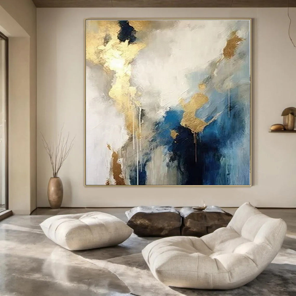 Blue, White, and Gold Abstract Echo - Repeated Flowing Color Painting On Canvas PS1240