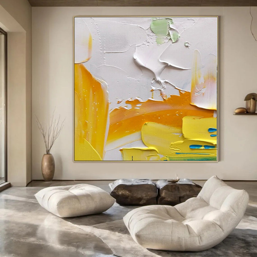 White, Yellow, Blue with Bold Textures "Sunny Textures" Abstract Painting On Canvas PS1346