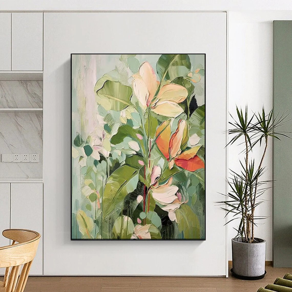 “Soft Green and Pink Floral Abstraction” - Botanical Impressionist Painting On Canvas PT1873