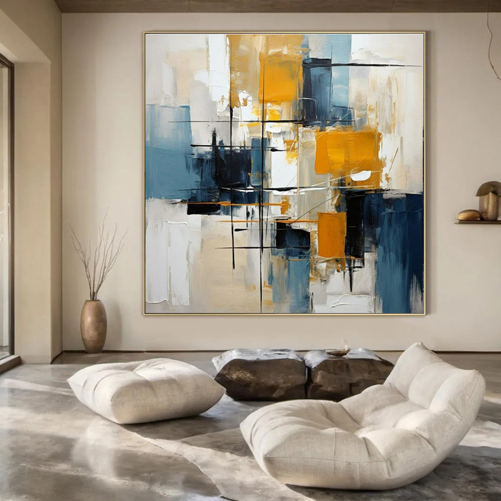 Blue, Yellow, Black, White with Dynamic Strokes "Urban Pulse" Abstract Painting On Canvas PS1452