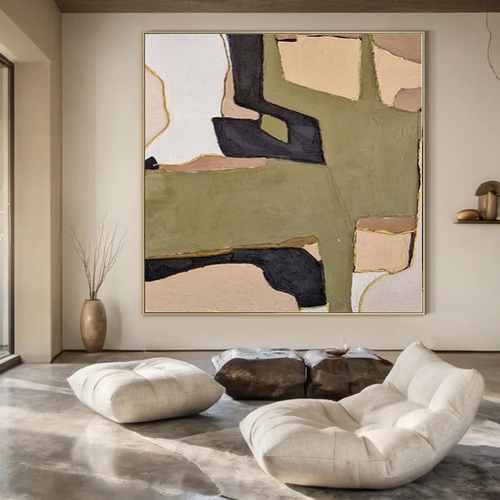 “Green - Beige - Black Geometric” - Earthy Abstract Painting On Canvas PS0140
