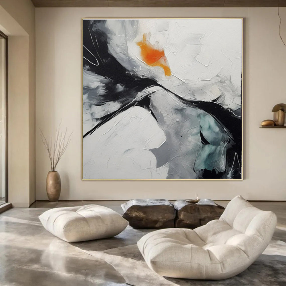 Black, White, Gray, Orange, Teal with Dynamic Strokes "Vivid Fusion" Abstract Painting On Canvas PS1464