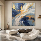 Blue, Gold, White with Dynamic Swirls "Gilded Tempest" Abstract Painting On Canvas PS1265