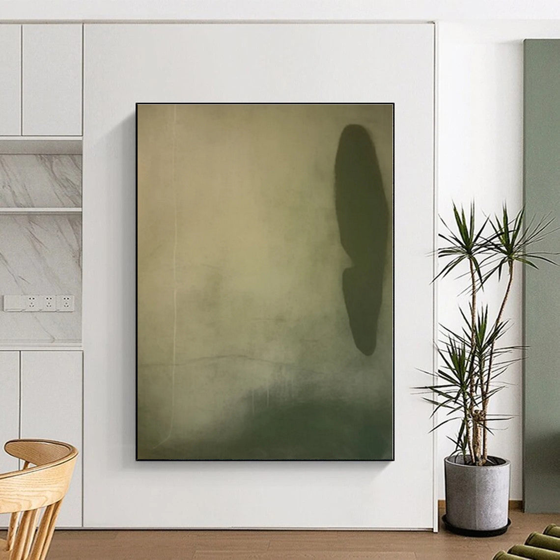 “Minimalist Green - Beige Form” - Green, Beige, Gray Abstract Minimalist Painting On Canvas PS0577