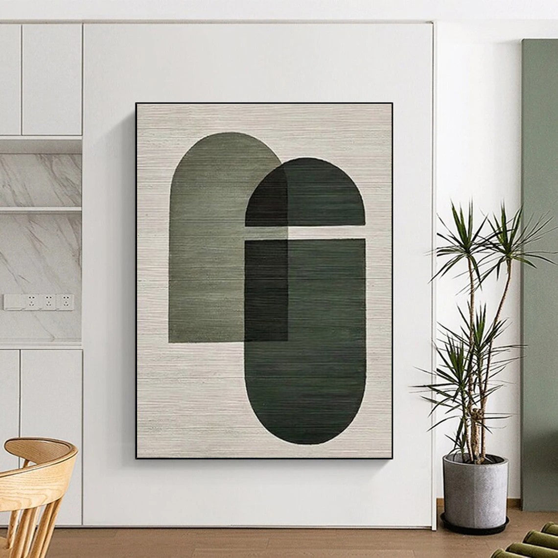 “Green Geometric Shapes” - Green, Gray Abstract Geometric Painting On Canvas PS0674