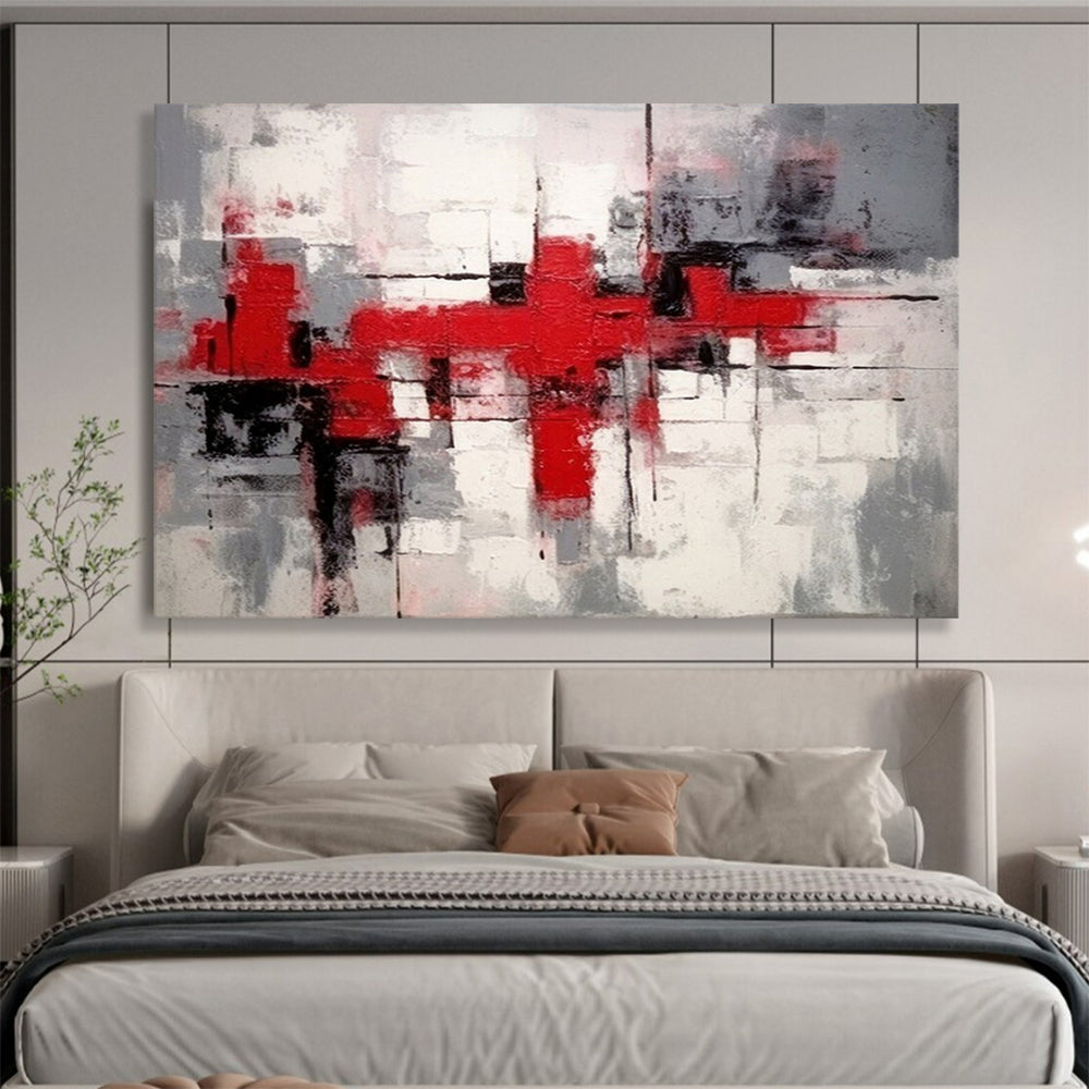 “Red - Gray Abstract Blocks” - Bold Red “Urban Pulse” Painting On Canvas PT1637