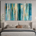 “Teal - Blue Stripes & Gold Flecks” - Abstract Textured - Painting On Canvas PT1715