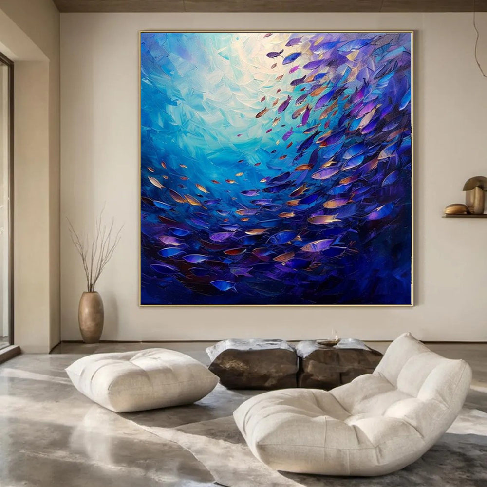 Blue - Hued Underwater Scene with Colorful Fish "Oceanic Symphony" Oil Painting On Canvas PS1064