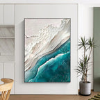 “White - Teal Textured Coast” - Impressionist - Inspired Seascape Painting On Canvas PT1394