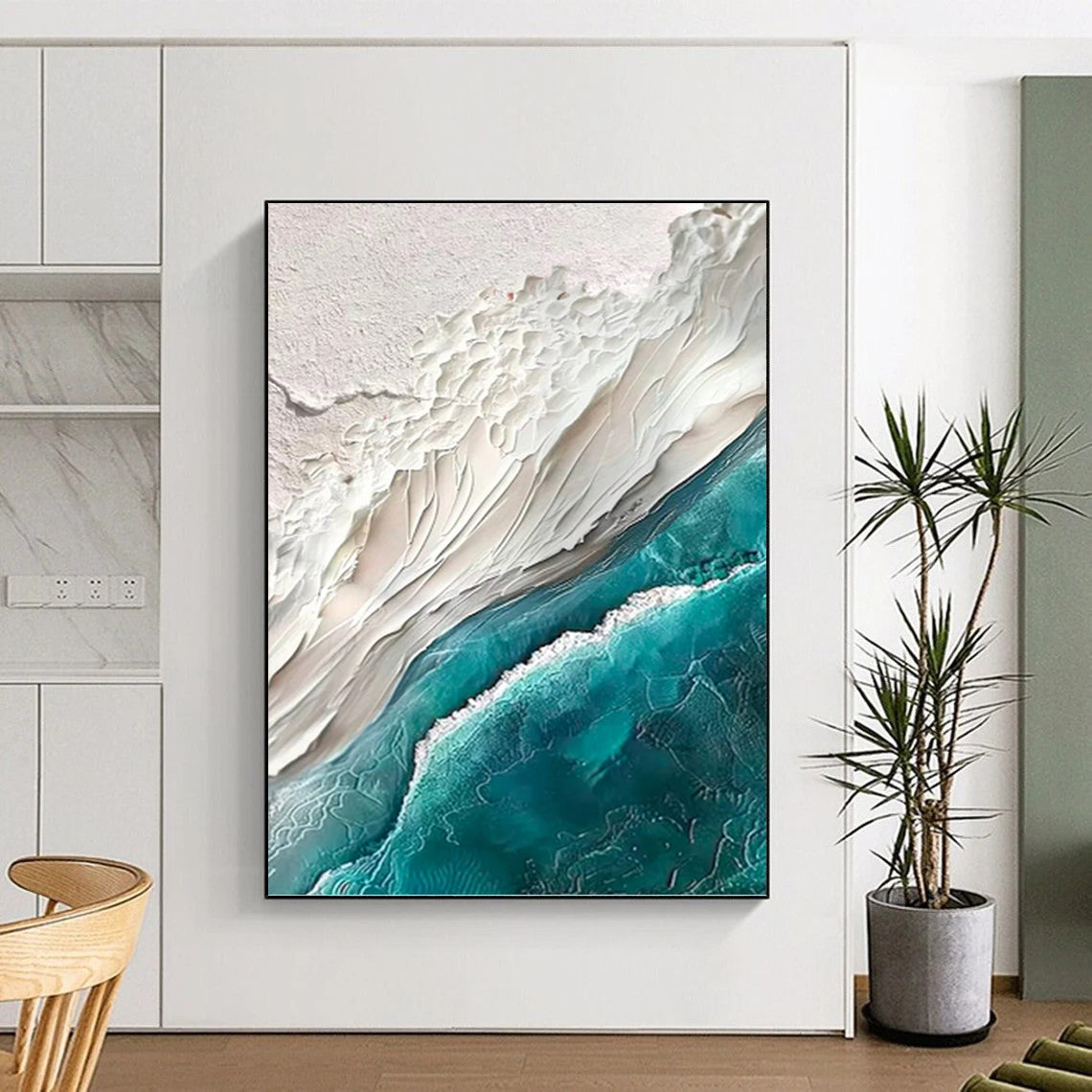“White - Teal Textured Coast” - Impressionist - Inspired Seascape Painting On Canvas PT1394