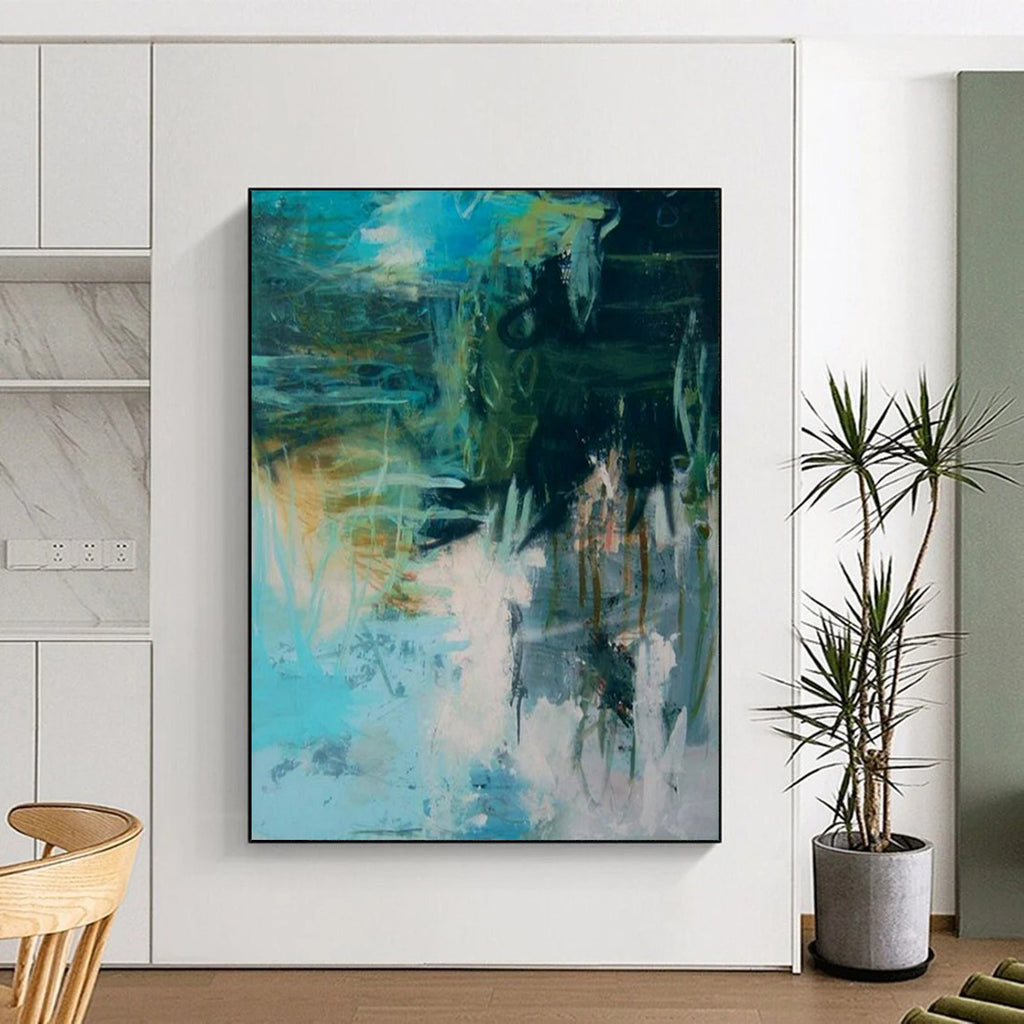 “Teal and Green Abstract” - Expressionist Abstract Painting On Canvas PT2286