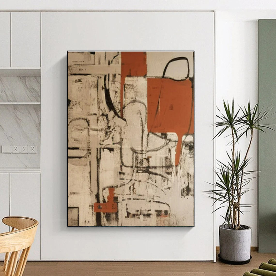 “Beige - Black - Orange Abstract Geometric Web” Painting On Canvas PS0835