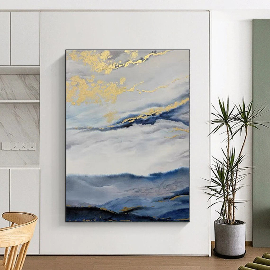 “Blue - White - Gold Cloudy Landscape” - Blue, White, Gold Abstract Landscape Painting On Canvas PS0584