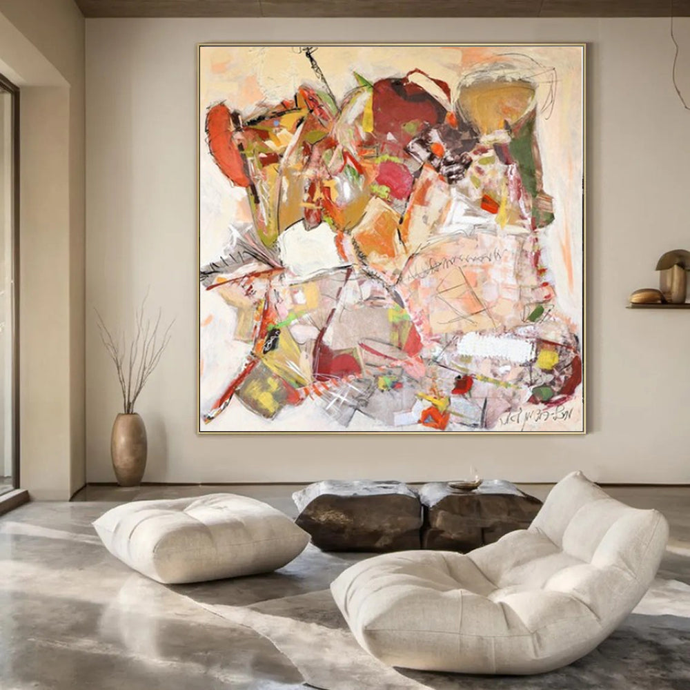 Colorful, Collaged - like Forms with Mixed Textures "Bohemian Tapestry" Abstract Painting On Canvas PS1171