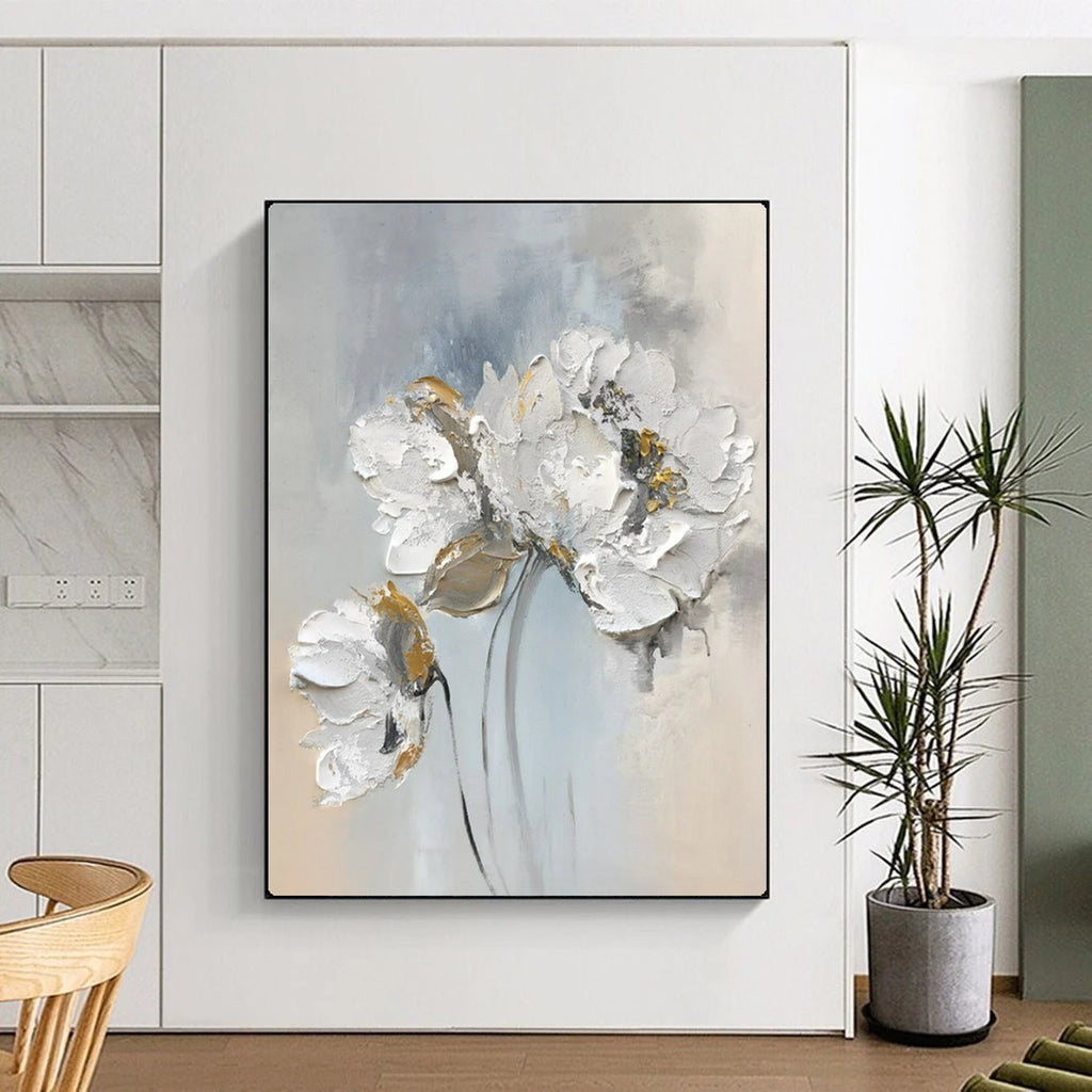 Elegant Blooms White & Gold Impasto Flowers, Painting On Canvas PT2149