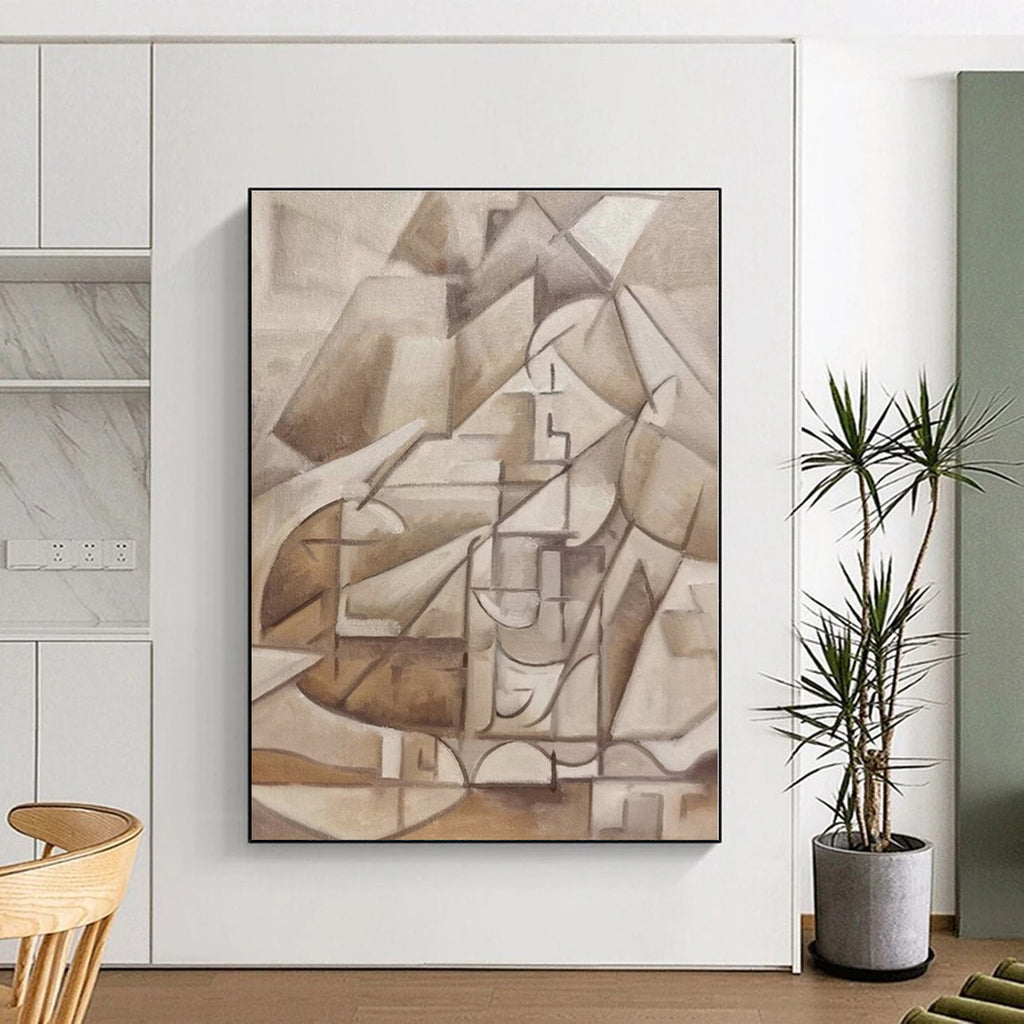 “Brown Cubist Structure” - Brown, Beige Cubist Abstract Painting On Canvas PS0400