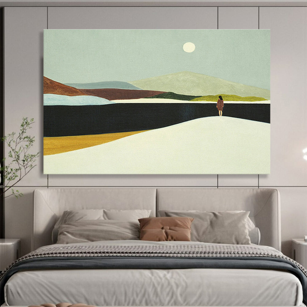 “Moonlit Lake Contemplation” - Blue, Green & Brown Landscape, Minimalist Oil Painting On Canvas DKS739