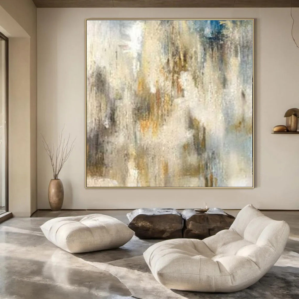 Beige, Blue, and Gold Textured, "Ethereal Haze" – Textured Abstract Painting On Canvas PS1003