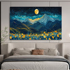 “Moonlit Mountain Blooms” - Blue, Yellow & Gold Landscape, Night Sky Oil Painting On Canvas DKS694