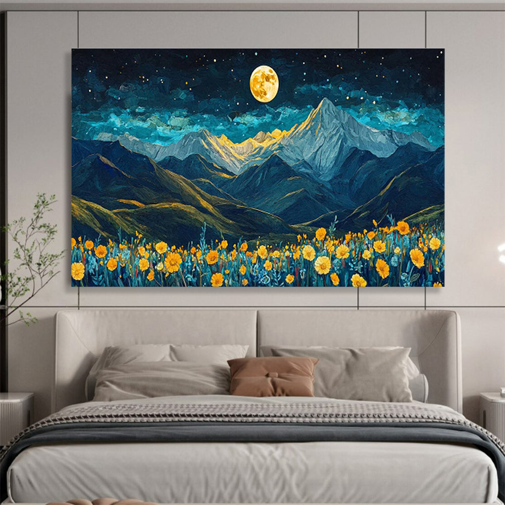 “Moonlit Mountain Blooms” - Blue, Yellow & Gold Landscape, Night Sky Oil Painting On Canvas DKS694